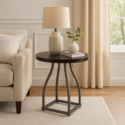 Tior Accent Table | 20" Round Wood Brown Top | Open Gray Metal Base