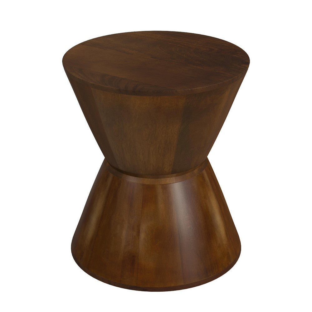 Accent Side Table | 16" Round Brown Mango Wood | Hourglass Design