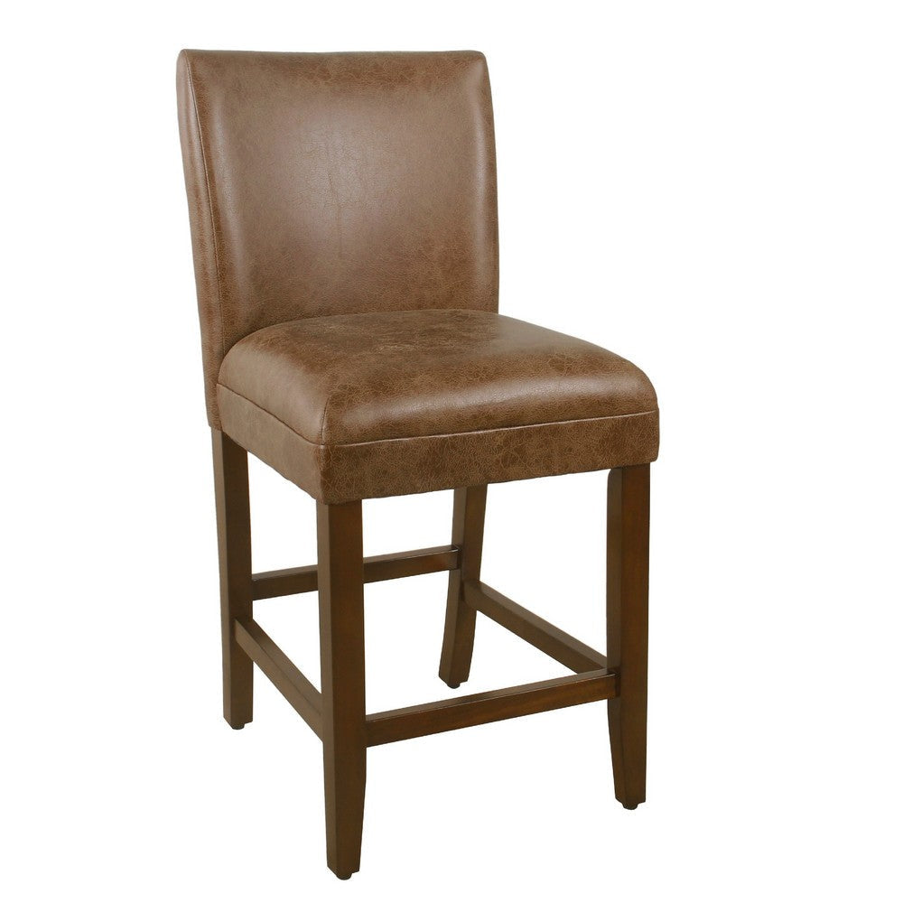 Accent Counter Stool Chair | Brown Wood Frame and Faux Leather Seat