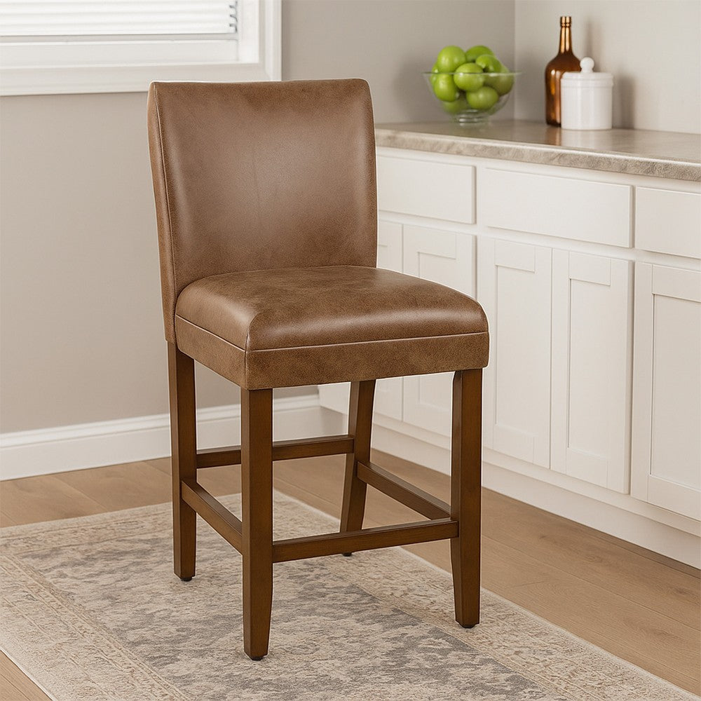 Accent Counter Stool Chair | Brown Wood Frame and Faux Leather Seat
