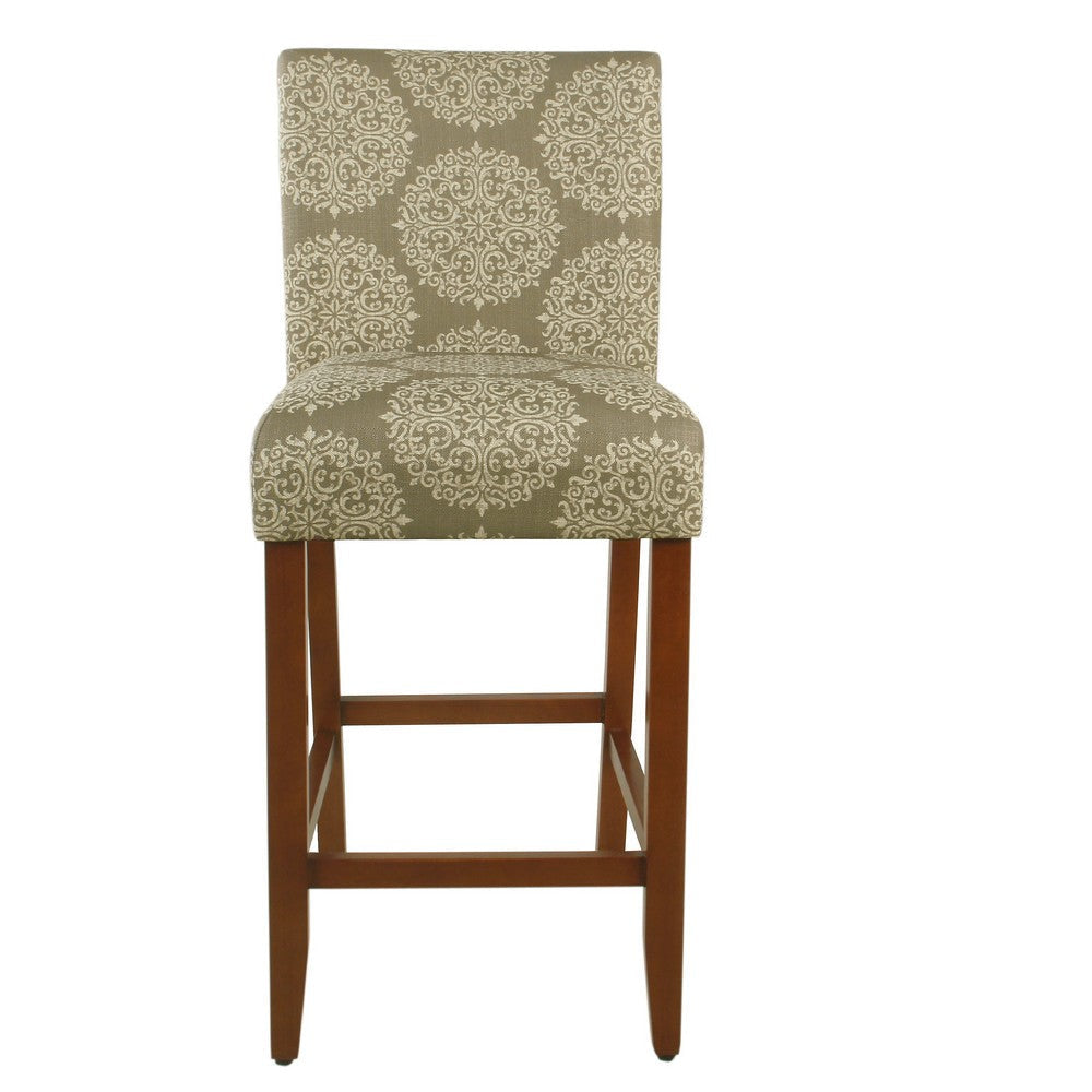 Mono Barstool Chair | Cream Polyester w Medallion Print | Brown Wood BM334126