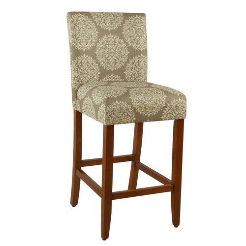 Mono Barstool Chair | Cream Polyester w Medallion Print | Brown Wood