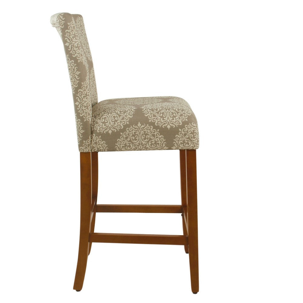 Mono Barstool Chair | Cream Polyester w Medallion Print | Brown Wood BM334126