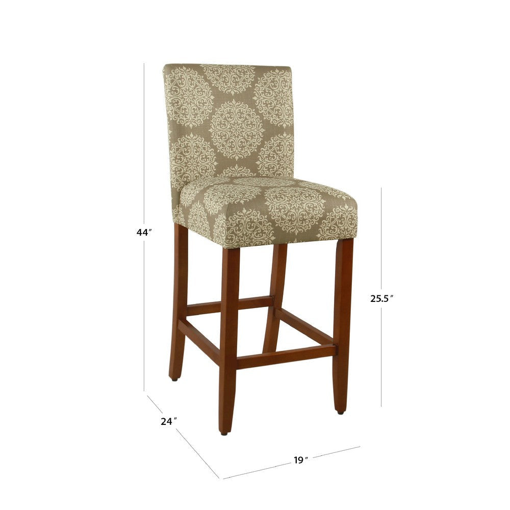 Mono Barstool Chair | Cream Polyester w Medallion Print | Brown Wood BM334126