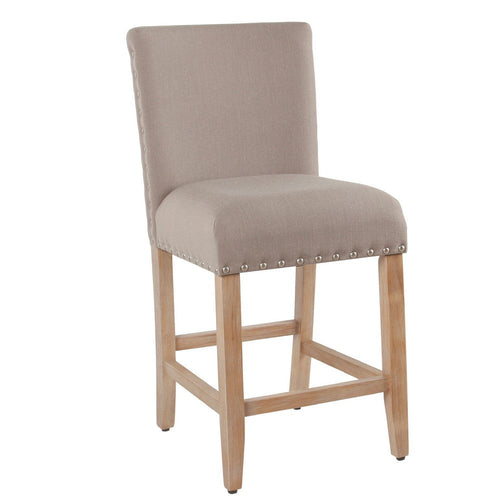 Siem Counter Stool Chair | Tan Brown Woven Fabric Seat | Nailhead Trim