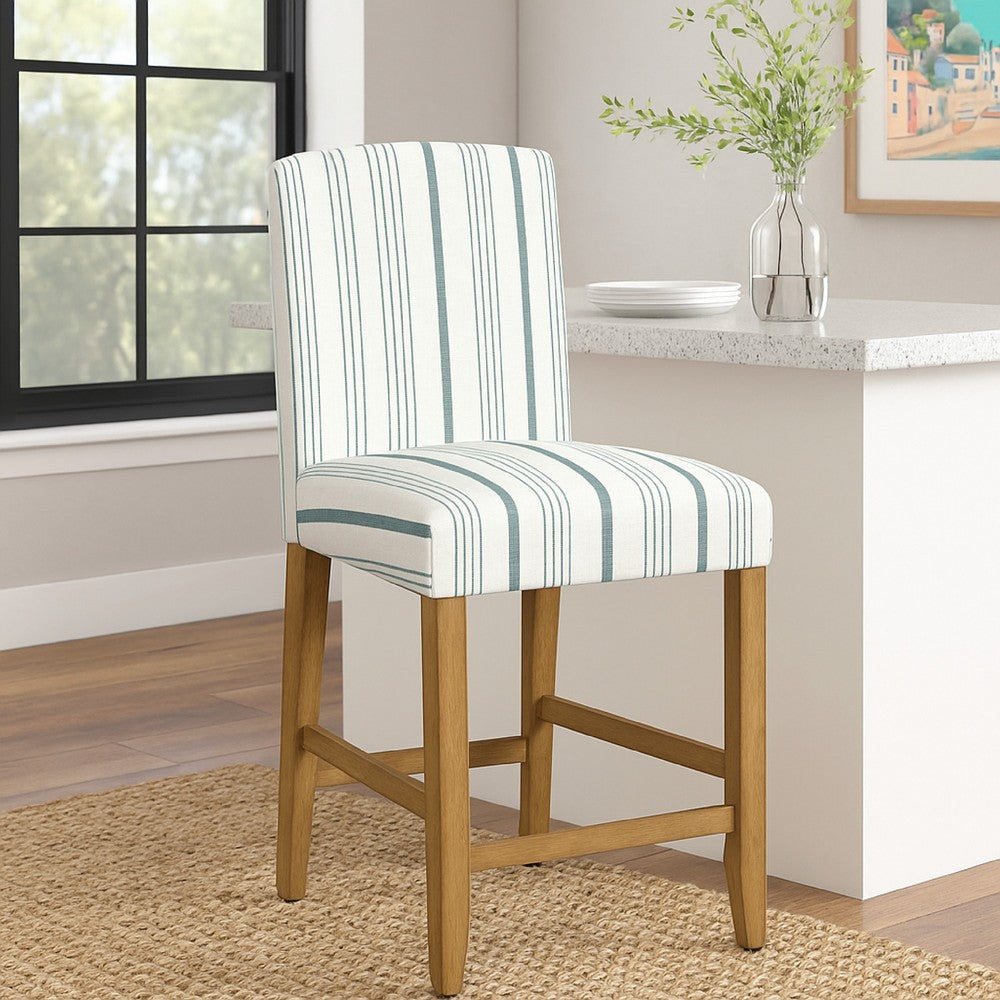 Pior Counter Stool Chair | Blue and White Stripe | Brown Wood Legs