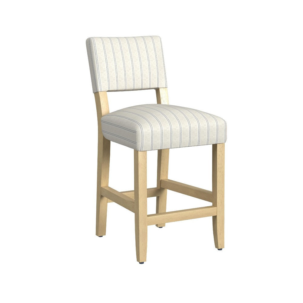 Bowo Counter Stool Chair | Cream n Blue Stripes | Brown Hardwood Legs