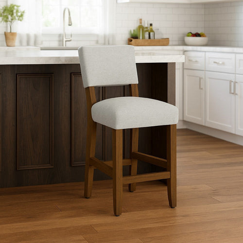 Bowo Counter Stool Chair | Gray Woven Fabric | Brown Hardwood Legs