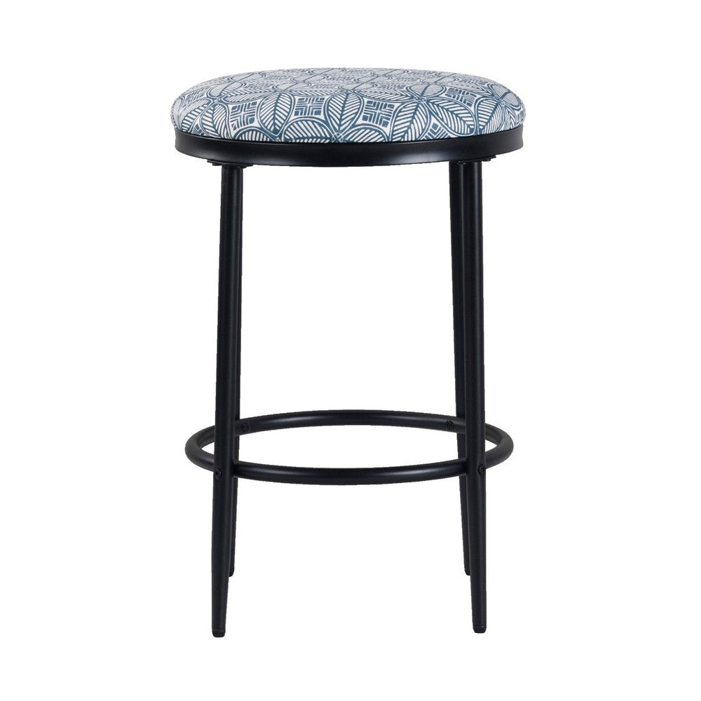 Nion Backless Counter Stool | Black Metal Legs | Blue Medallion Print