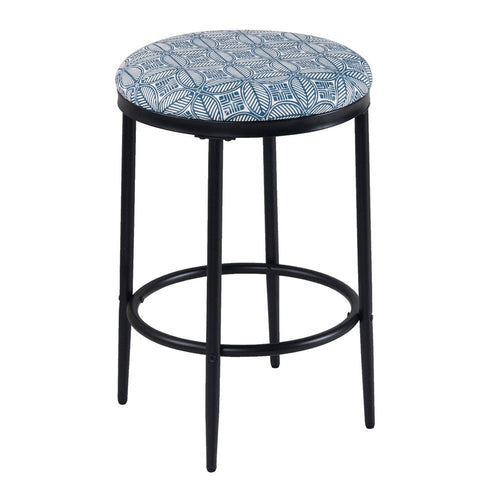 Nion Backless Counter Stool | Black Metal Legs | Blue Medallion Print