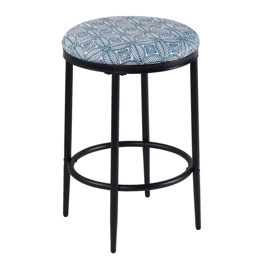 Nion Backless Counter Stool | Black Metal Legs | Blue Medallion Print