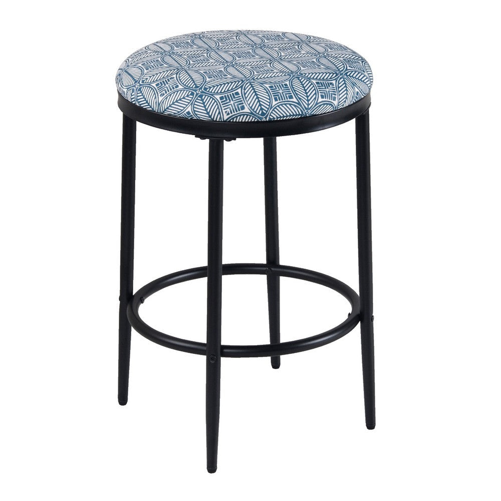 Nion Backless Counter Stool | Black Metal Legs | Blue Medallion Print