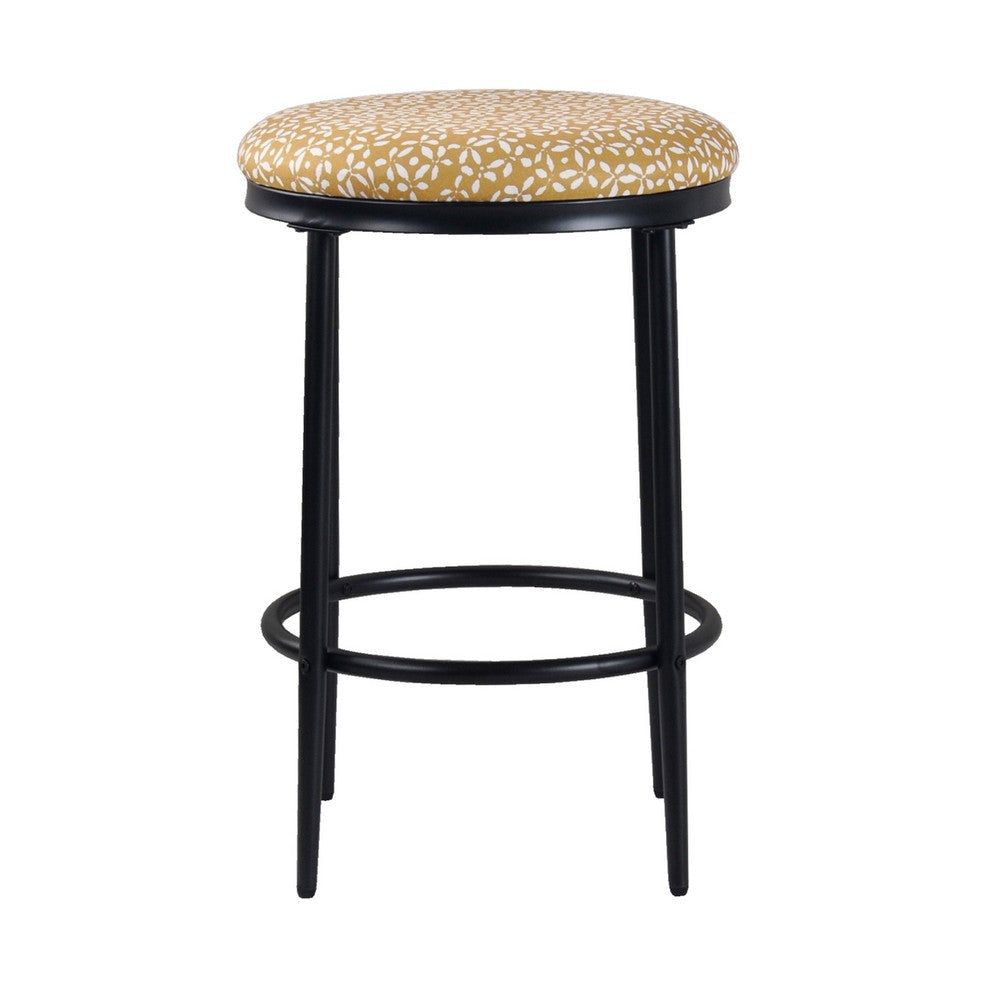 Nion Backless Counter Stool | Sleek Black Metal | Yellow Leaf Print