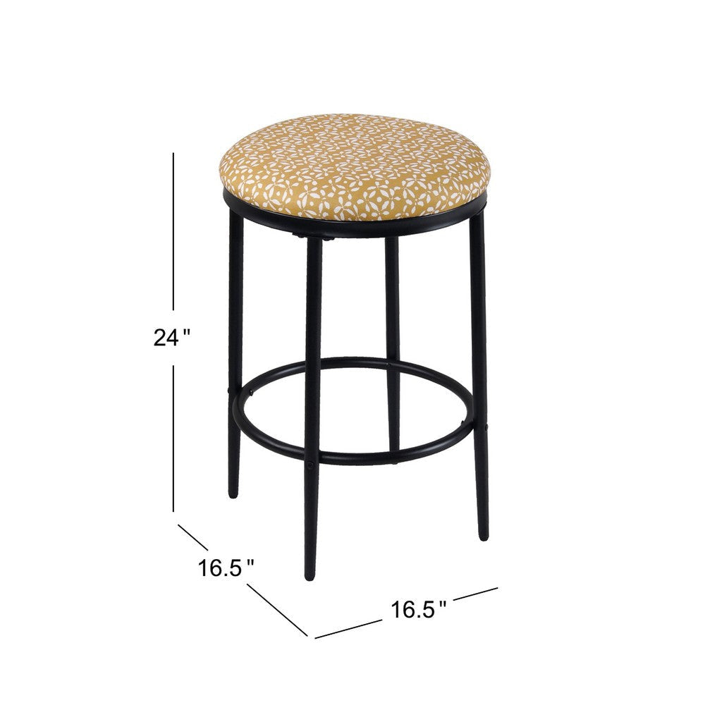 Nion Backless Counter Stool | Sleek Black Metal | Yellow Leaf Print