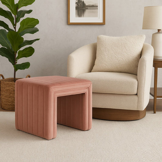 Ada Footstool Ottoman with Channel Tufted Blush Pink Velvet | 19"