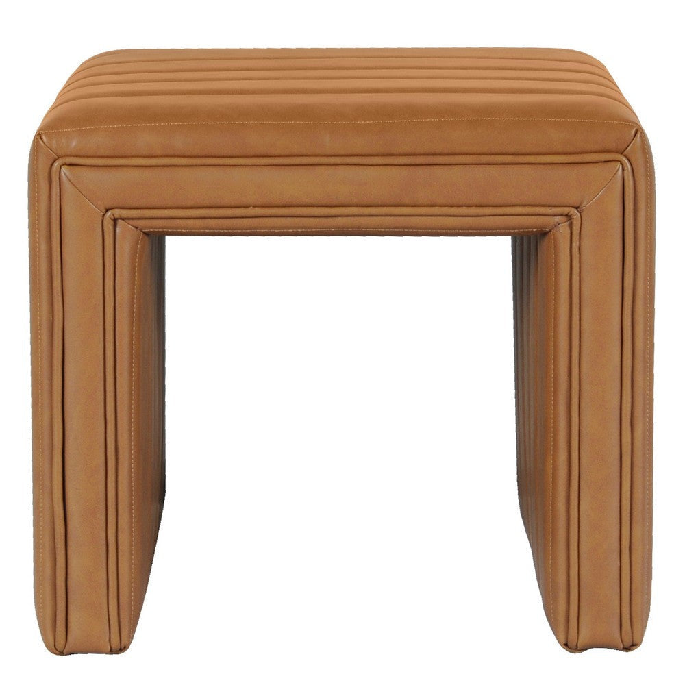 Ada Footstool Ottoman | Channel Tuft Caramel Brown Faux Leather 19’’