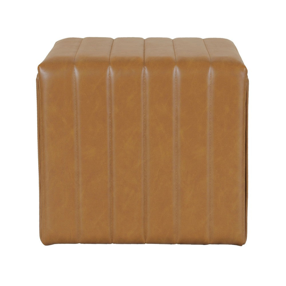 Ada Footstool Ottoman | Channel Tuft Caramel Brown Faux Leather 19’’