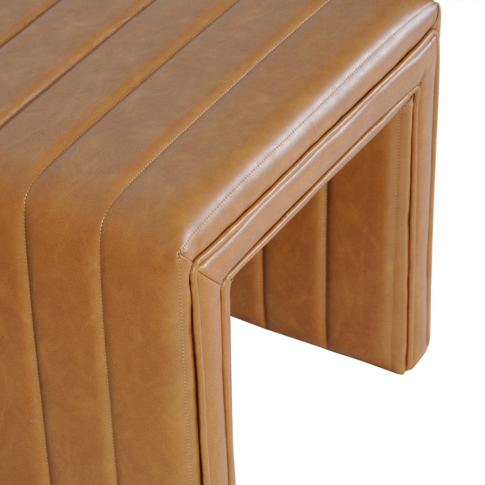 Ada Footstool Ottoman | Channel Tuft Caramel Brown Faux Leather 19’’