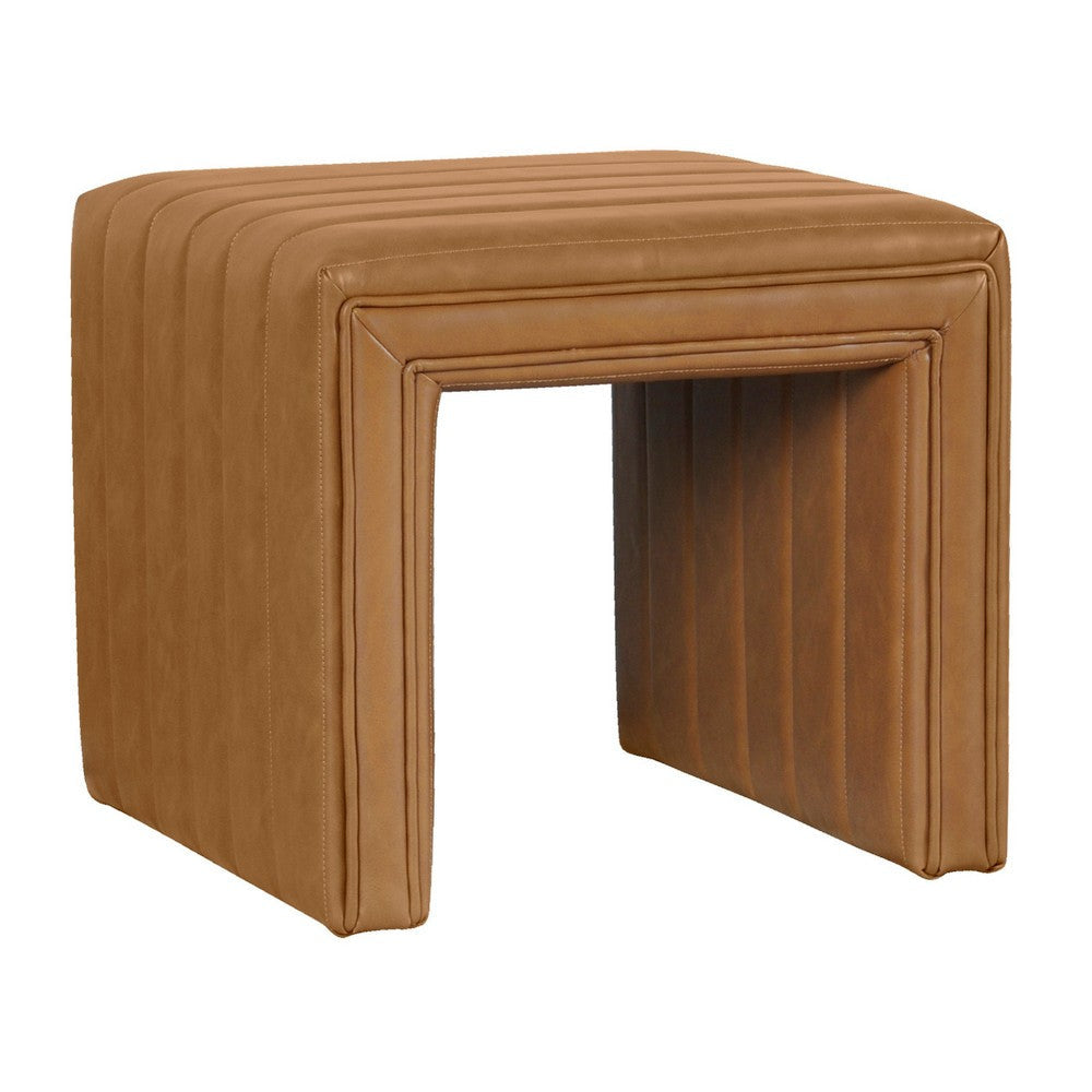Ada Footstool Ottoman | Channel Tuft Caramel Brown Faux Leather 19"