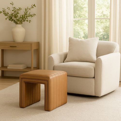 Ada Footstool Ottoman | Channel Tuft Caramel Brown Faux Leather 19"