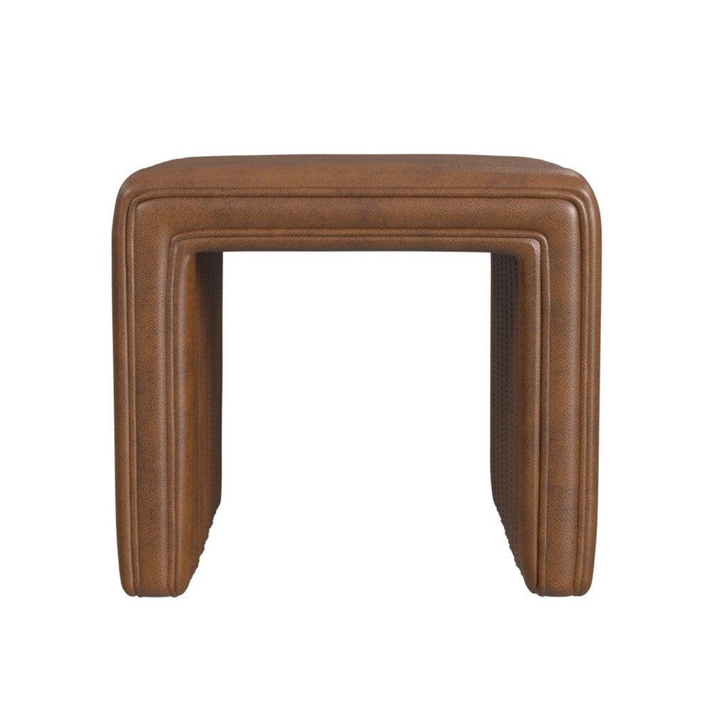 Ada Footstool Ottoman | Channel Tufted Brown Faux Leather | 19"