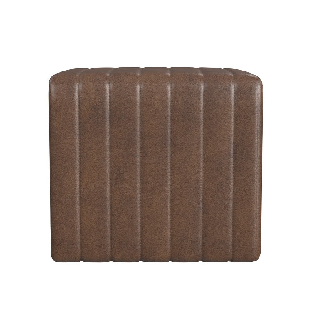 Ada Footstool Ottoman | Channel Tufted Brown Faux Leather | 19"