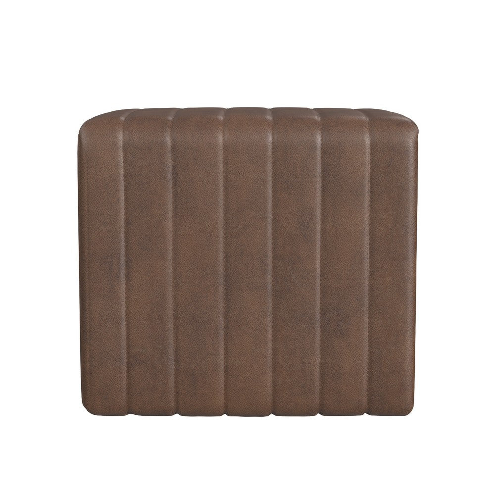 Ada Footstool Ottoman | Channel Tufted Brown Faux Leather | 19"