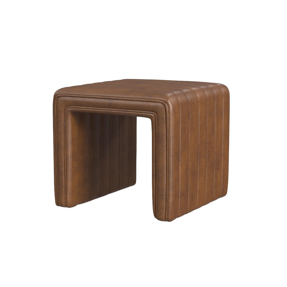 Ada Footstool Ottoman | Channel Tufted Brown Faux Leather | 19"