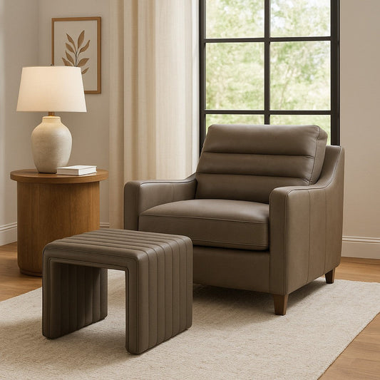 Ada Footstool Ottoman | Channel Tufted Gray Faux Leather | 19"