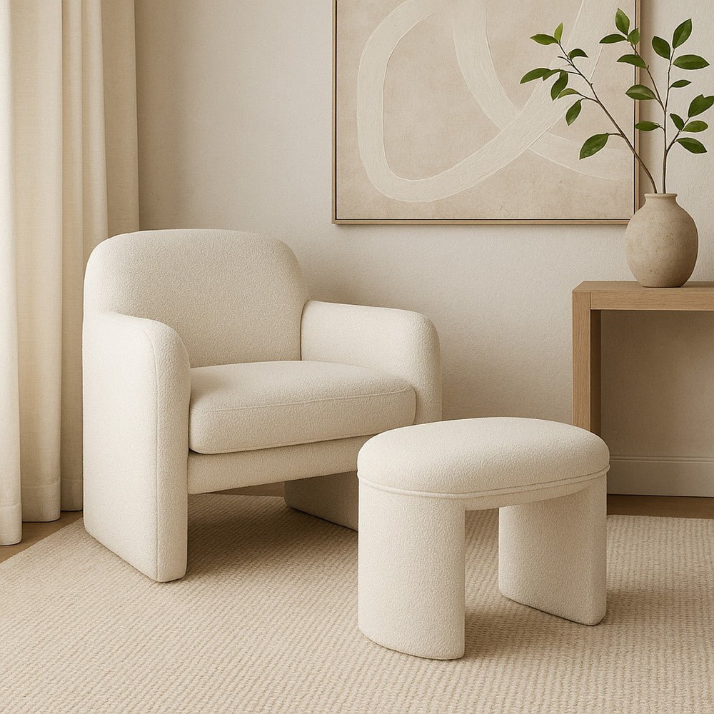 Max Ottoman Footstool with Saddle Seat | Cream White Boucle | 24"