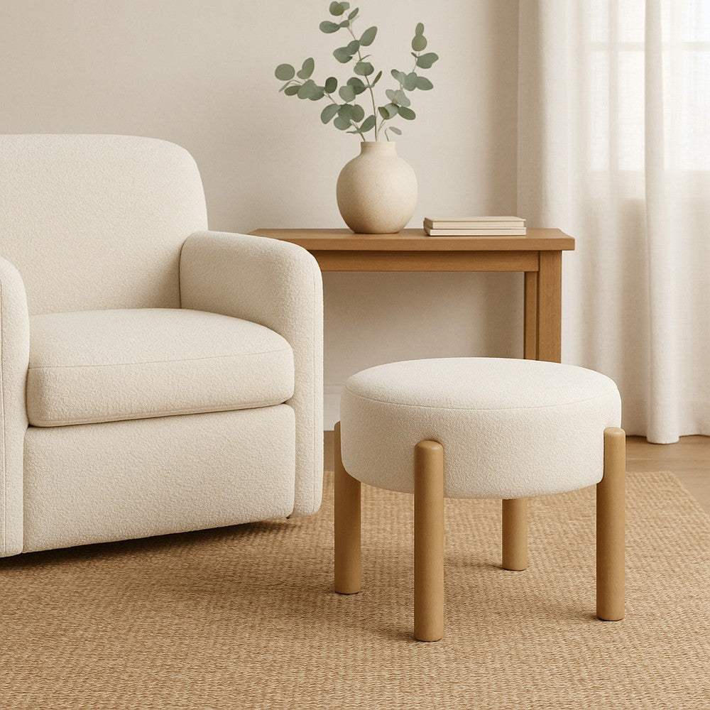 Eli 22" Ottoman Footstool | Cream Boucle and Natural Brown Hardwood