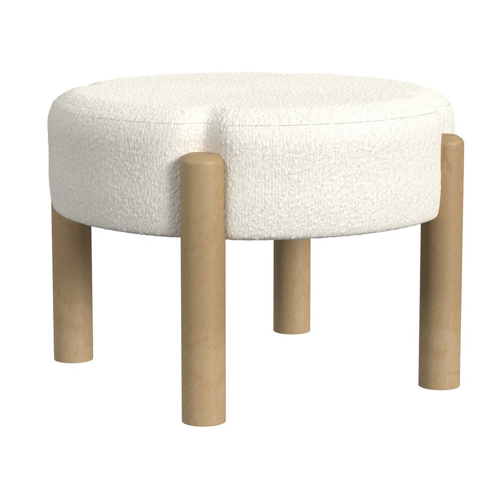 Eli 22" Ottoman Footstool | Cream Boucle and Natural Brown Hardwood