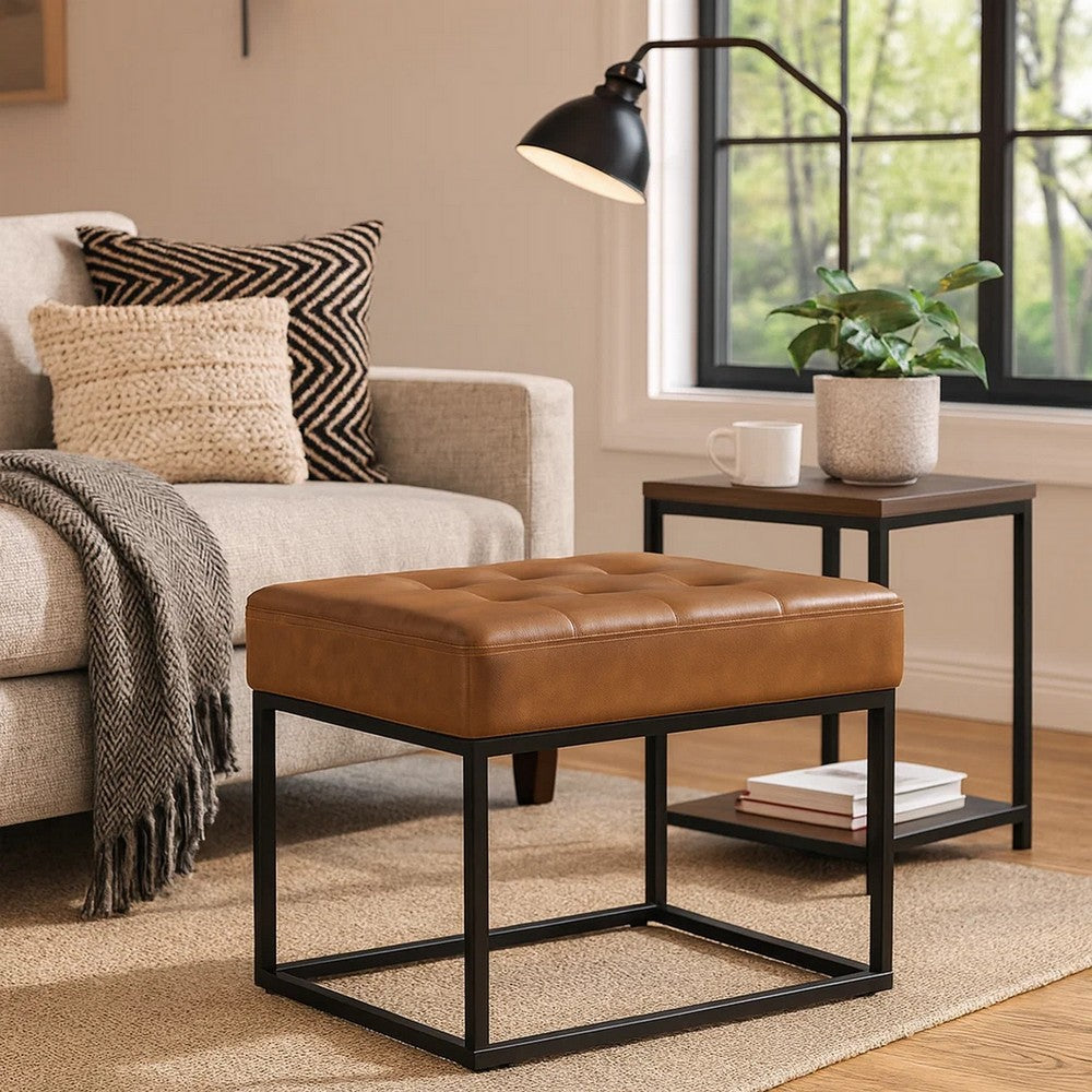 Kai Ottoman Footstool | Carmel Brown Faux Leather | Black Metal | 22"