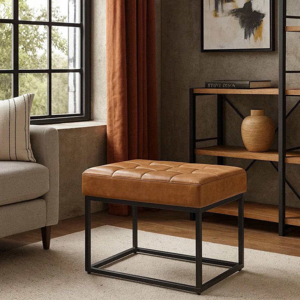 Kai Ottoman Footstool | Carmel Brown Faux Leather | Black Metal | 22"