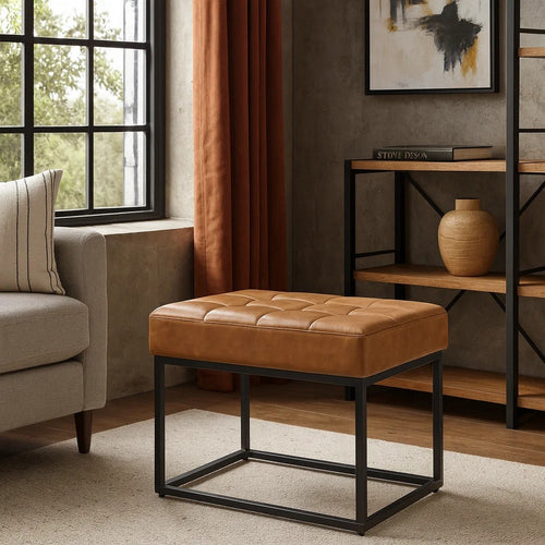 Kai Ottoman Footstool | Carmel Brown Faux Leather | Black Metal | 22"