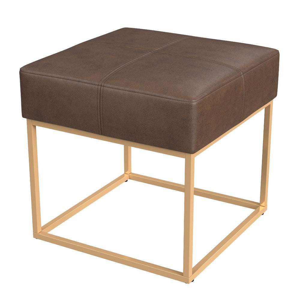 Kai Ottoman Footstool | Brown Faux Leather | Gold Metal | 18’’ Square BM334171