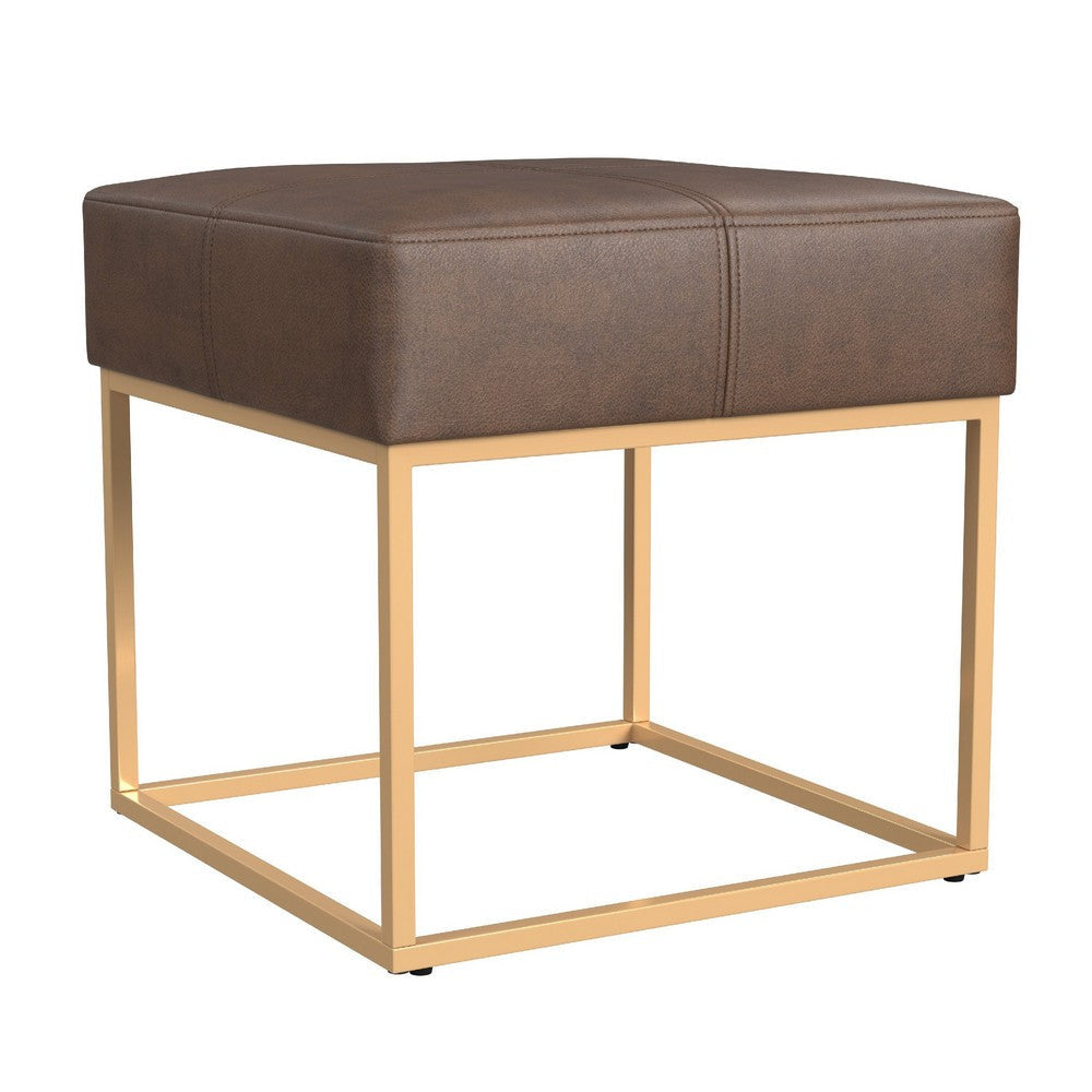 Kai Ottoman Footstool | Brown Faux Leather | Gold Metal | 18" Square