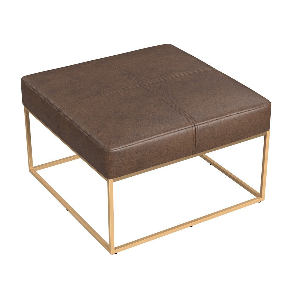 Kai Ottoman | Brown Faux Leather and Gold Metal | 28’’ Square BM334173