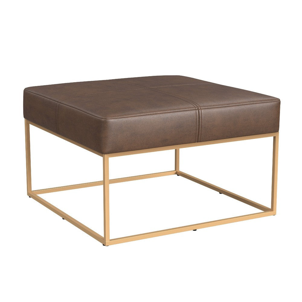 Kai Ottoman | Brown Faux Leather and Gold Metal | 28" Square