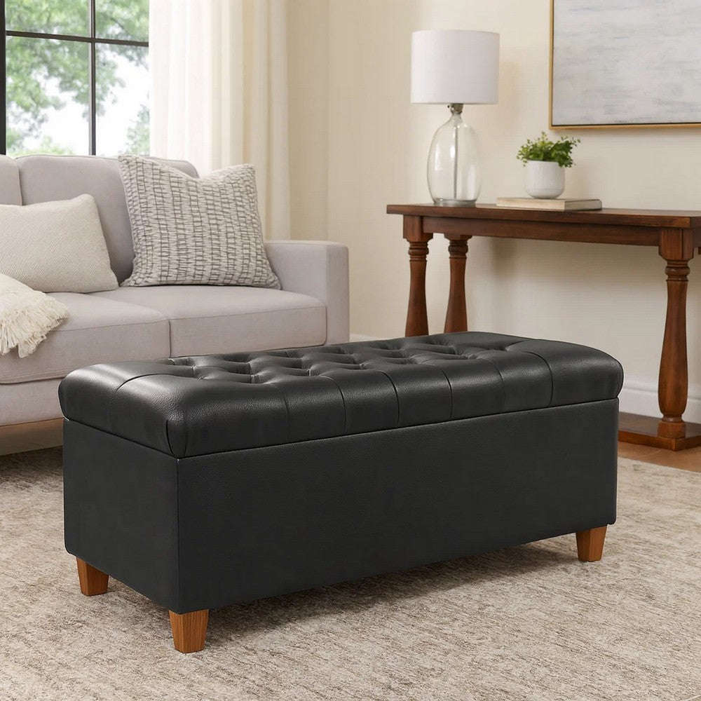 Bea Storage Ottoman Bench with Tufted Black Faux Leather | 40"