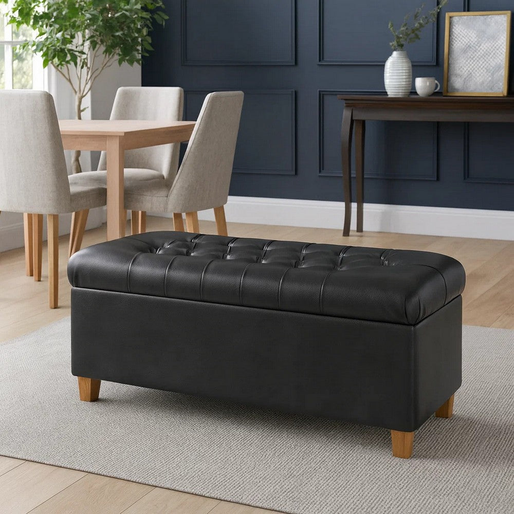 Bea Storage Ottoman Bench with Tufted Black Faux Leather | 40"