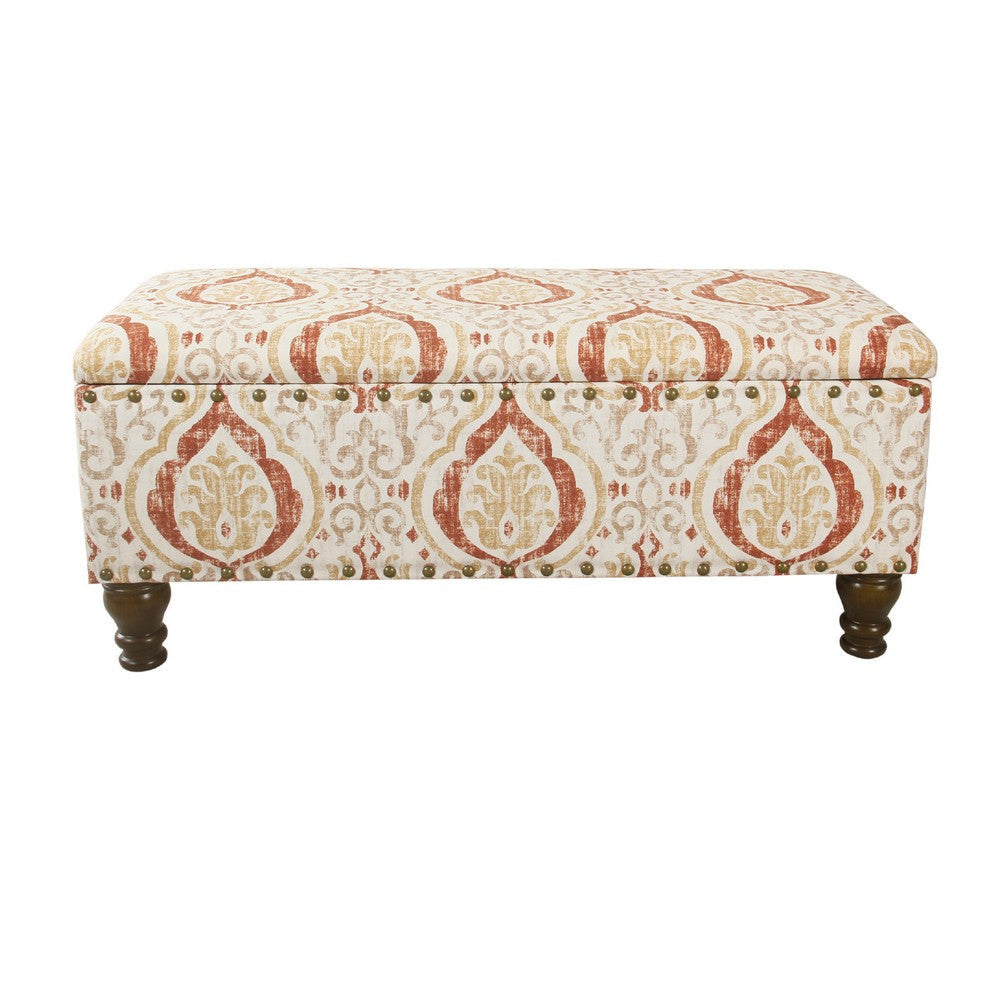 Ava Storage Accent Bench | 42’’ Orange and Cream Medallion Design