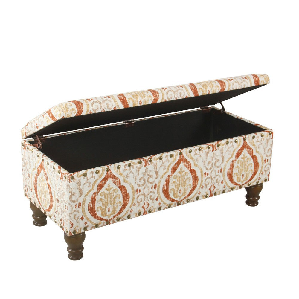 Ava Storage Accent Bench | 42’’ Orange and Cream Medallion Design