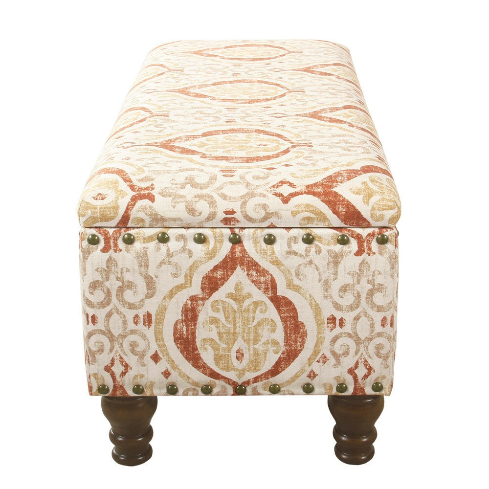 Ava Storage Accent Bench | 42’’ Orange and Cream Medallion Design