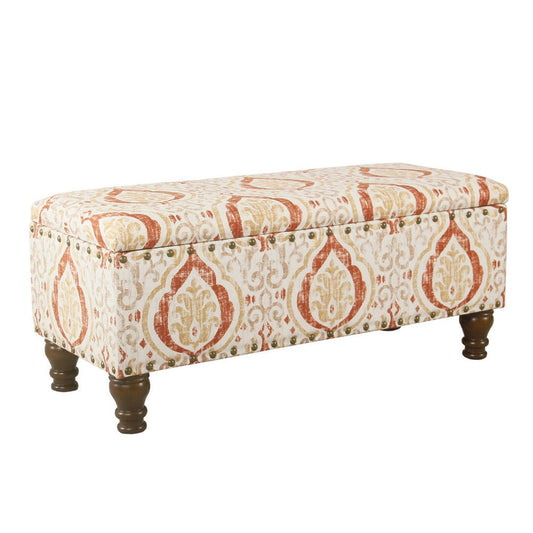 Ava Storage Accent Bench | 42" Orange and Cream Medallion Design