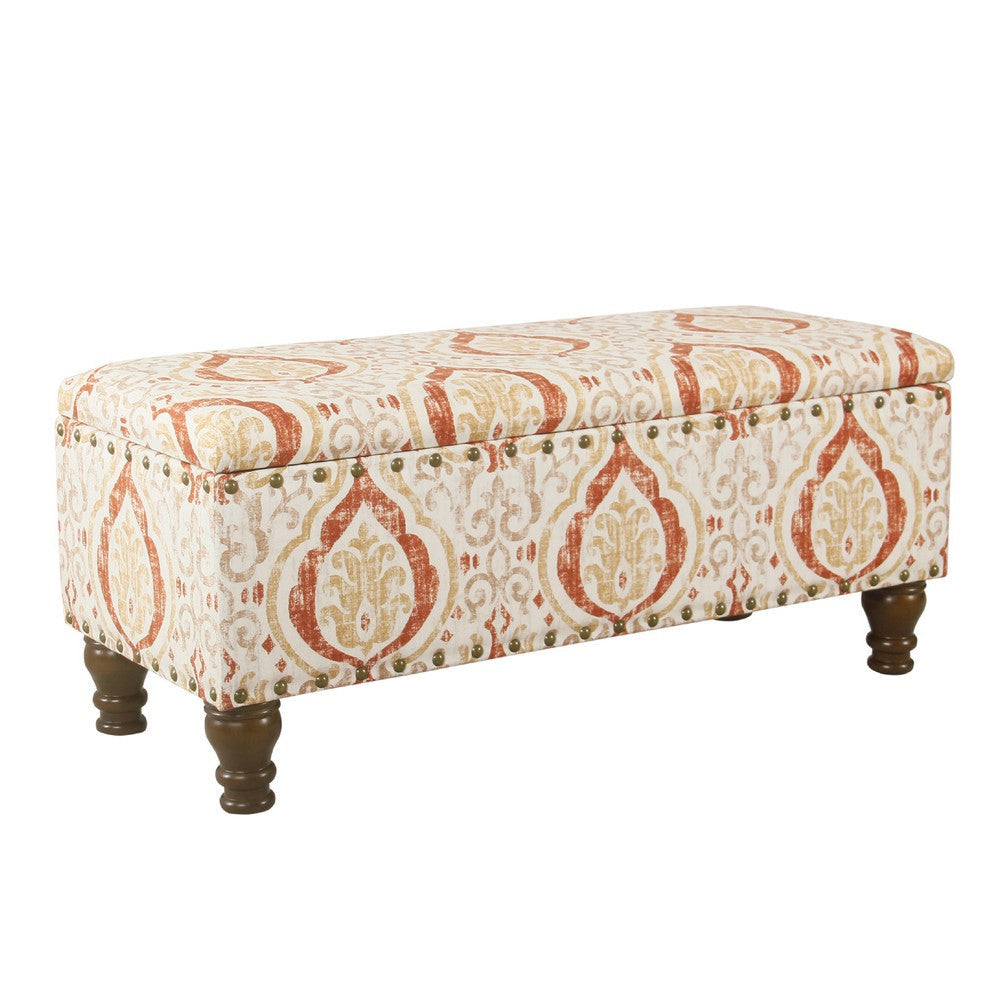 Ava Storage Accent Bench | 42" Orange and Cream Medallion Design