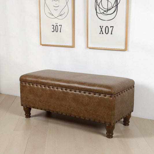 Ava Accent Storage Bench | Distressed Brown Faux Leather | 42"