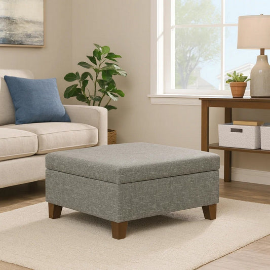 Leo Square Storage Ottoman | Textured Slate Gray | Dark Brown | 32"