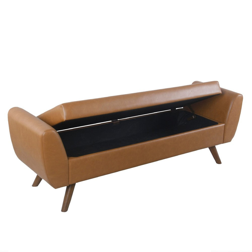 Rae Storage Bench Ottoman with Arms | Brown Faux Leather | Wood | 60’’