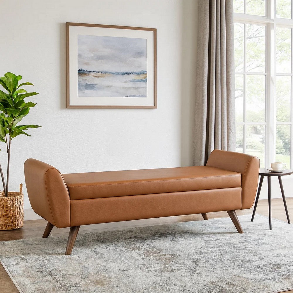 Rae Storage Bench Ottoman with Arms | Brown Faux Leather | Wood | 60"